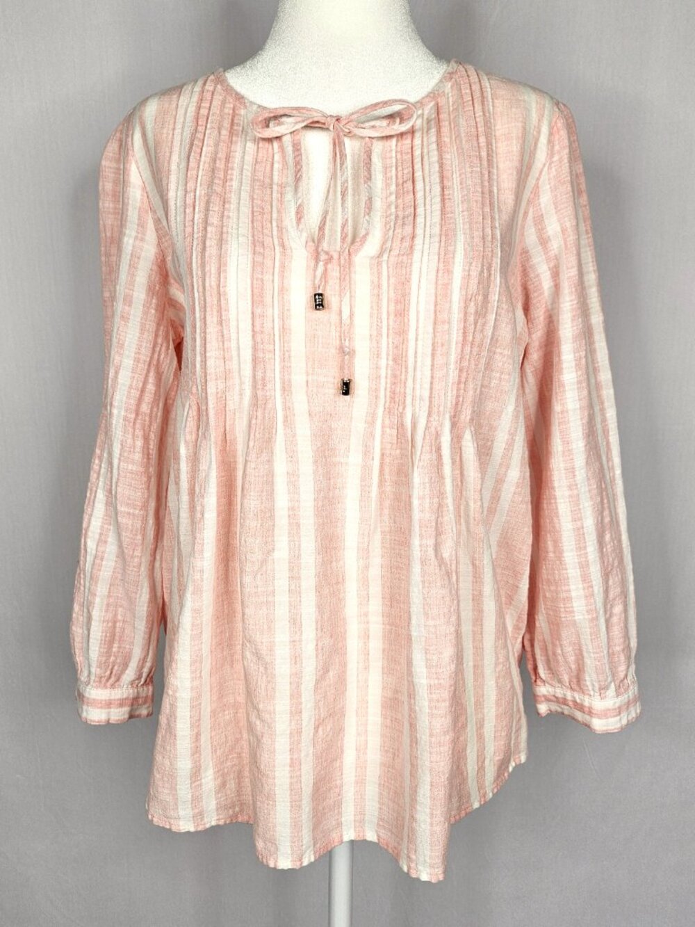 Tommy Hilfiger Pink Striped Tunic Blouse | Pintuck Boho Top | Size Small Petite